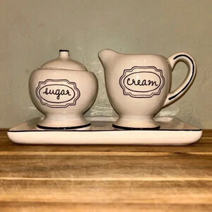NWTS Ceramic Cream & Sugar Serving Set + Tray by Rae Dunn Artisans Collection.